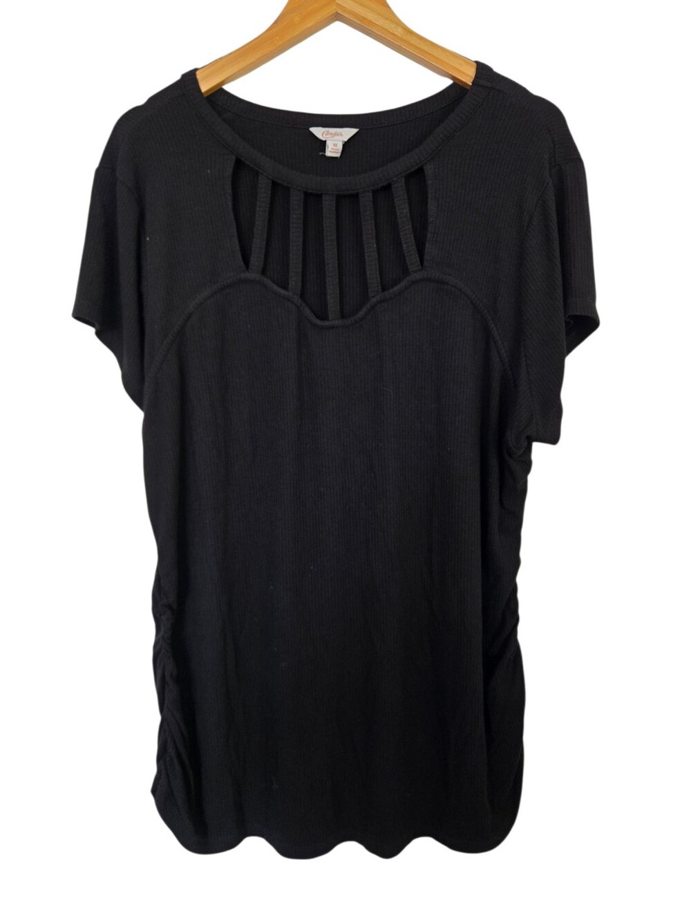 Candie’s Plus Size 3X Black Ribbed Cutout Cage Neck Short Sleeve Top - Picture 2 of 5